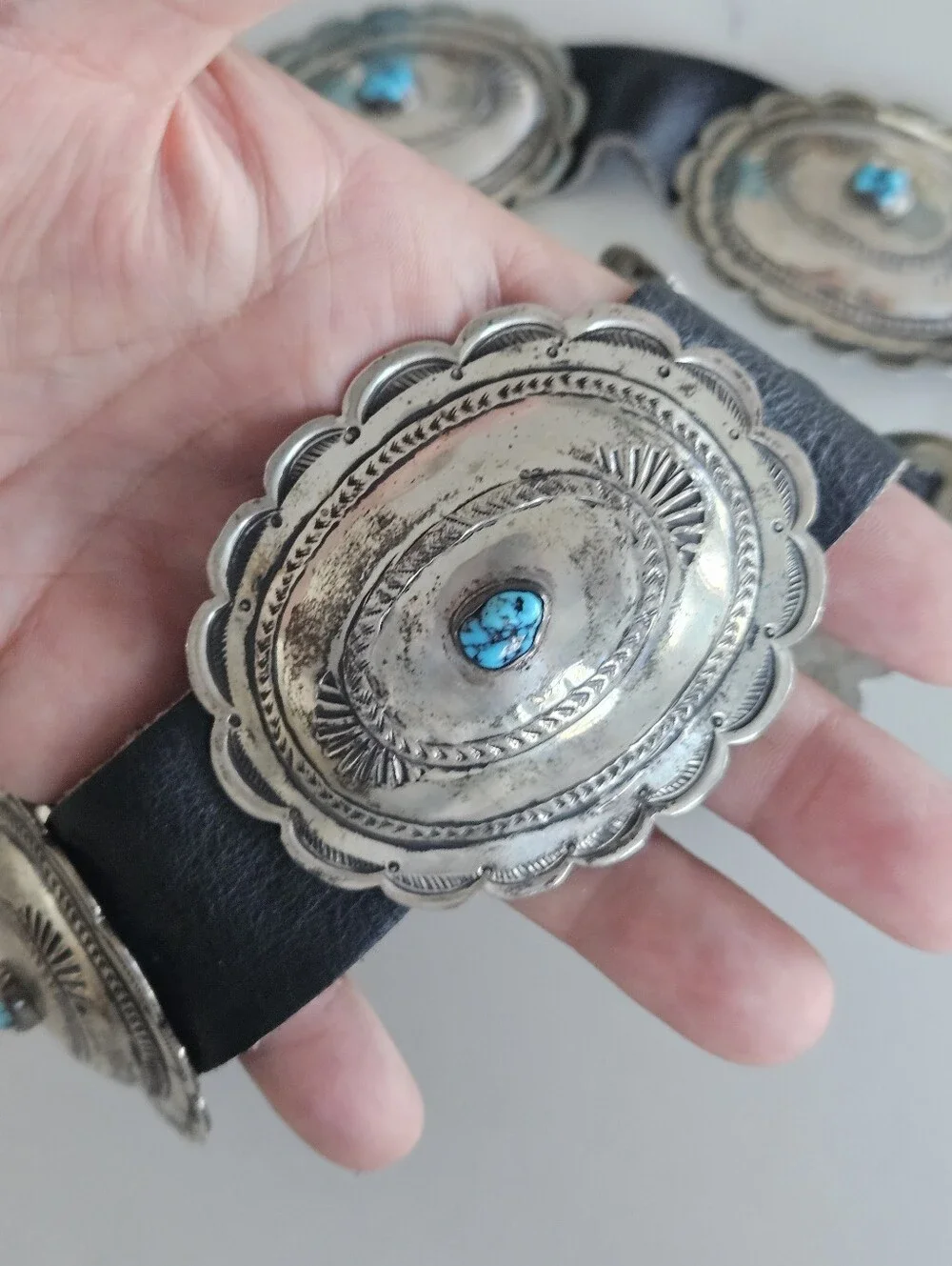 Vintage Navajo Kingman Turquoise Accent Sterling Silver Concho Leather Belt 41